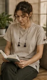 Stimming T-Shirt ile kitap okuyan kadın — sakin odak